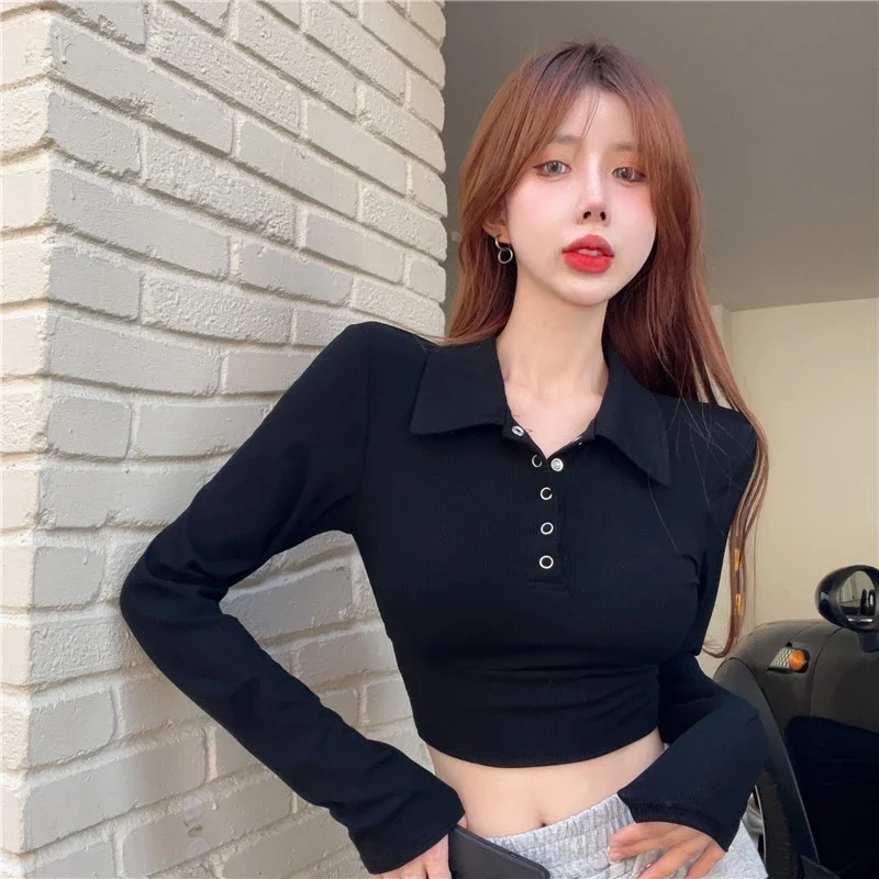 Spring Autumn Solid Color Lapels Slim Fashion Sexy Short Long Sleeve T-shirt Top Black