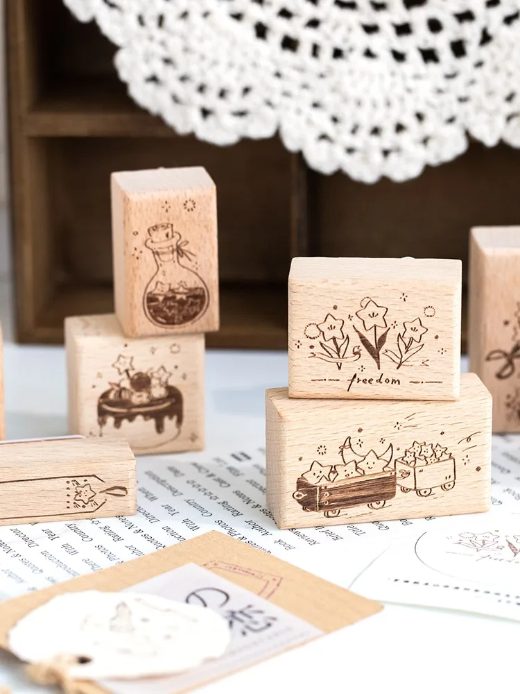 Niedlicher Holzstempel mit Stern- und Tulpenblüten-Kombination für Scrapbooking, Kartenherstellung, Junk Journal und DIY-Dekoration