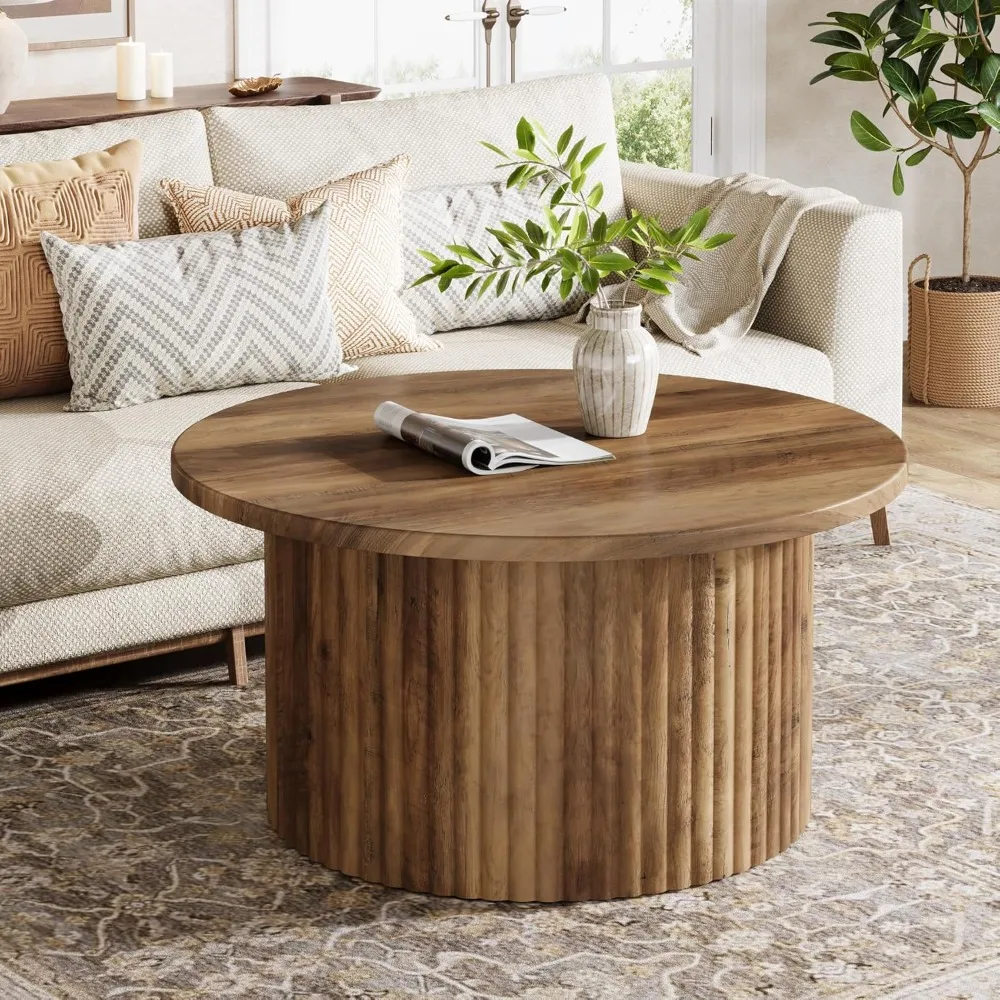

31.5 Round Coffee Table, Farmhouse Circle Center Table with Sturdy Metal Base, Modern Accent Sofa Side Table