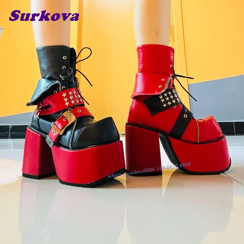 Rivet Belt Buckle Ankle Boots Big Toe Platform Chunky Heels Women's Boots Mixed Color Lace Up Punk Shoes Dark Gothic 12 Cm Sexy