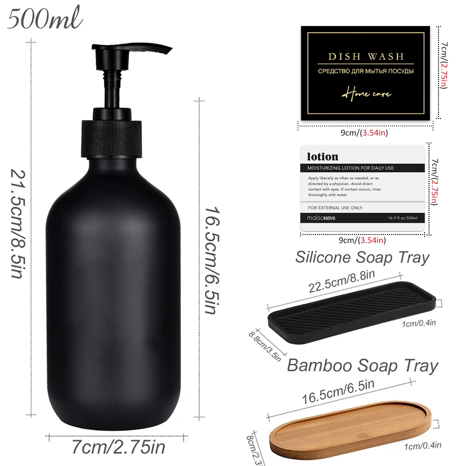 500ml Matte Black Soap Dispenser Bottle Shampoo Conditioner Body Wash Refillable Bottle Dish Soap Hand Soap Waterproof Sticker