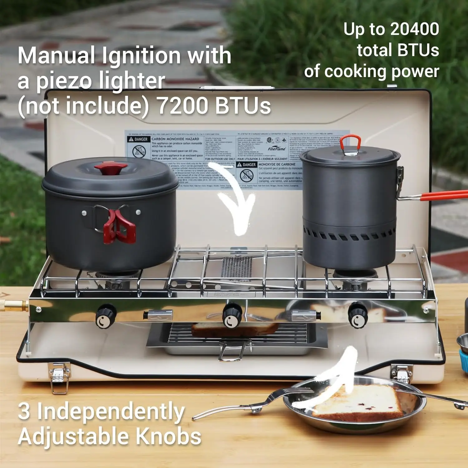 Camping Stove 3 Burner  BTU Propane Portable Stove with Regulator, Toast Tray, Windshield for Car Camping BBQ Picnics Outdoor