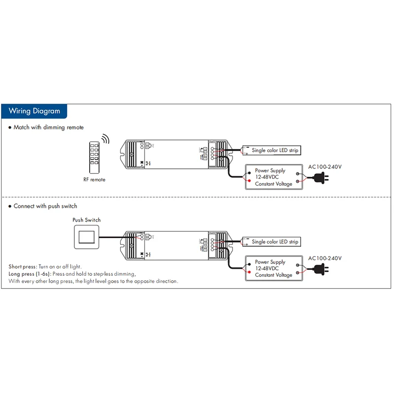 V1-L LED Dimmer 12-48V Single Color Touch Dimmer Remote Switch 2.4G RF Smart Wifi Wireless PWM LED Strip Light Remote Dimmer