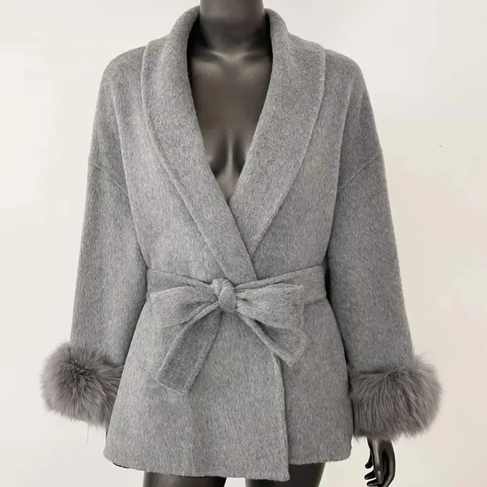 Abrigo de mezcla para mujer, chaqueta de lana a la moda 2025, cuello de piel de zorro Natural para invierno, abrigo de piel auténtica de lana de Cachemira grueso y cálido para otoño