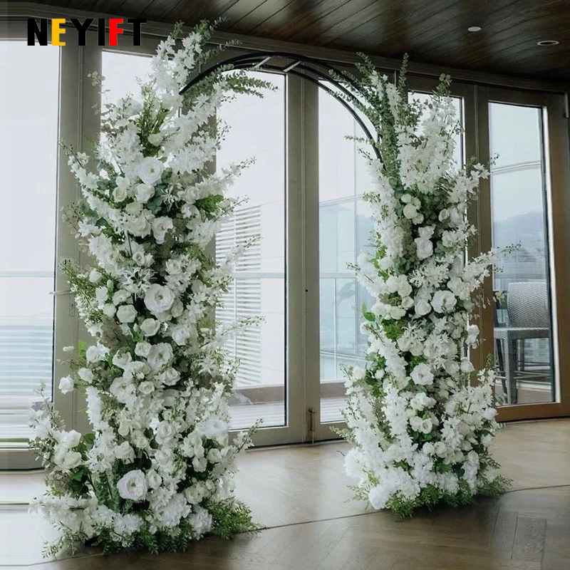 صف زهور مقوس على شكل قرن ، خلفية زفاف ، ترتيبات زهور ، أرضية طريق رصاص ، وردة بيضاء ، صفير ، ورقة خضراء ، ديكور حفلات #1