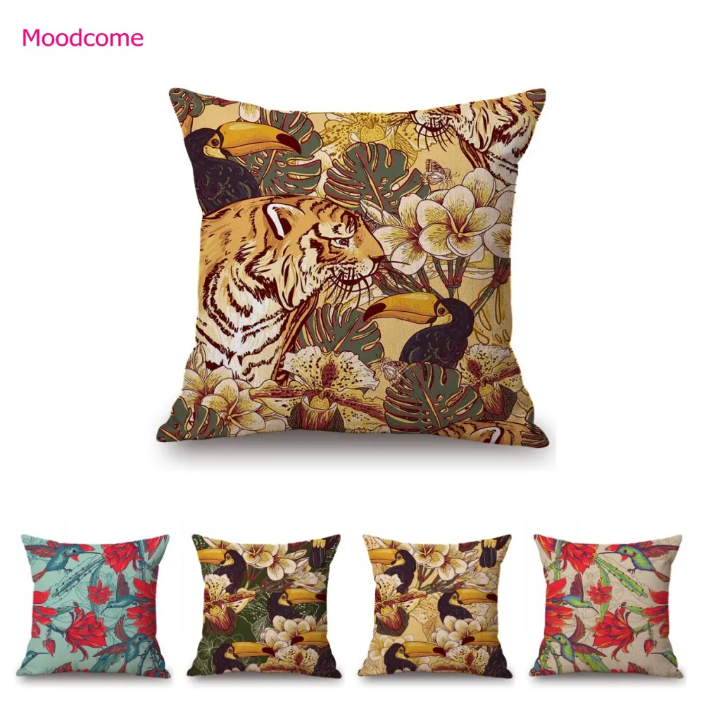 Tropical Plant Flower Animal Tiger Toucan Humming Birds Summer Washable Cotton Linen Home Decor Throw Pillow Case Cushion Cover