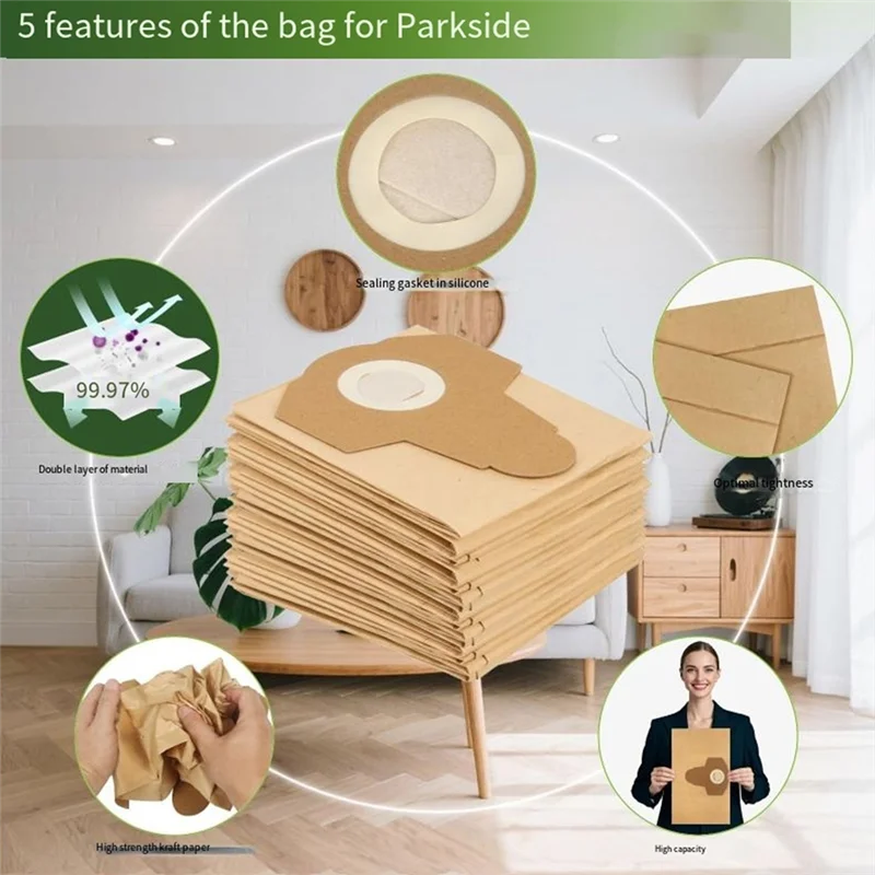 A01V-لأكياس استبدال المكنسة الكهربائية Parkside - 12 قطعة (PWD 25/PWD 30/PNTS 1500/1600 A1، كيس غبار بسعة كبيرة 30 لتر)