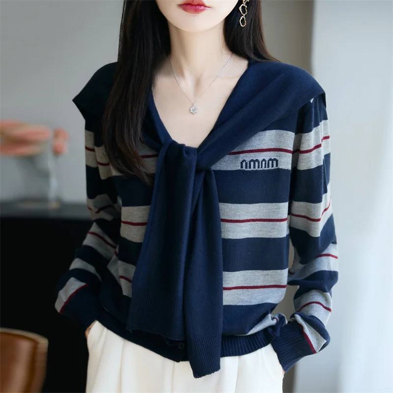 

Женский вязаный свитер Dongguan Daliang без катышков, полосатый двухсекционный длинный свек, темно-синий воротник, обычная длина, новинка зимы