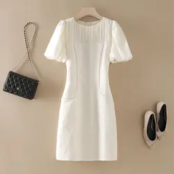 Elegant O-Neck Spliced Folds Beading Puff Sleeve Party Dress Women's Clothing 2024 Summer New Loose Office Lady Mini Dress