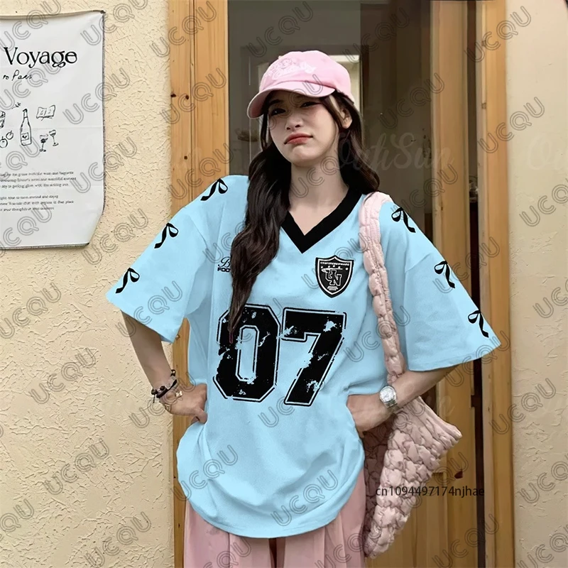 Übergroßes T-Shirt für Damen, V-Ausschnitt, Sommer, kurzärmelig, Patchwork, Blau 07, bedruckt, Sport-T-Shirts, Fußballtrikot, Y2k, lässige Oberteile