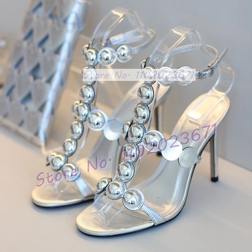 

Silver T Strap High Heel Sandals With Semi-Spheres Female Strappy Metallic Block Heel Luxury Open Toe Party Metal Decor Sandals