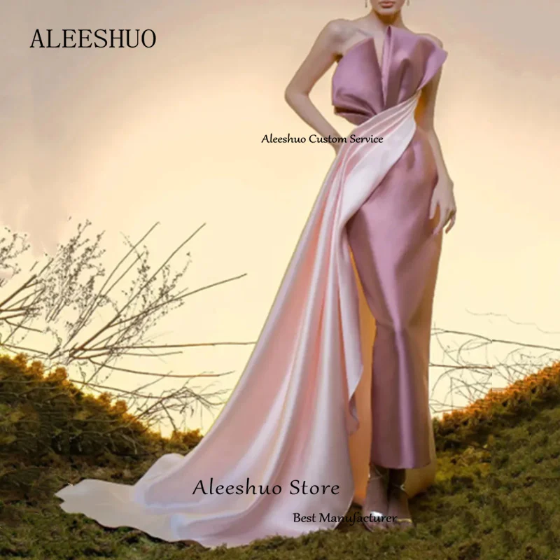 Aleeshuo Elegant Pink Mermaid Prom Dress Sexy Sleeveless Strapless Satin Ankle-Length vestido de festa noite robes de soirée