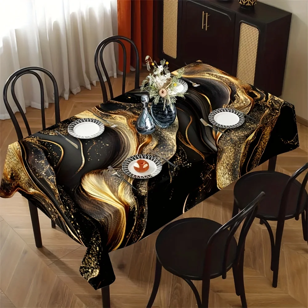 1pc Black and Gold Abstract Fluid Pattern Tablecloth - Suitable for picnics, camping, weddings, etc.zyc