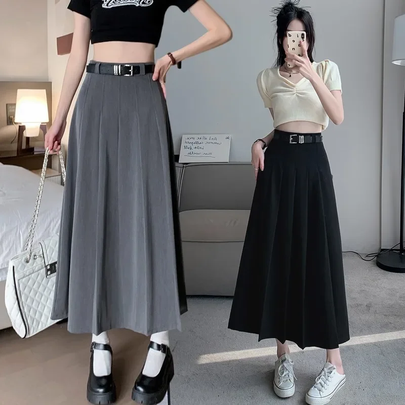 Gray Power Suit Pleated Skirt High Waist Midi Length Women's A- Line Mini Skirt For Short Women New 2024 High Fashion Sensation