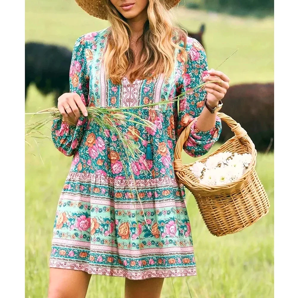 GypsyLady Floral Print Mini Dress Green Bohemian Autumn Dresses for Women V-neck Long Sleeve Ruffles Holiday Beach Ladies Dress