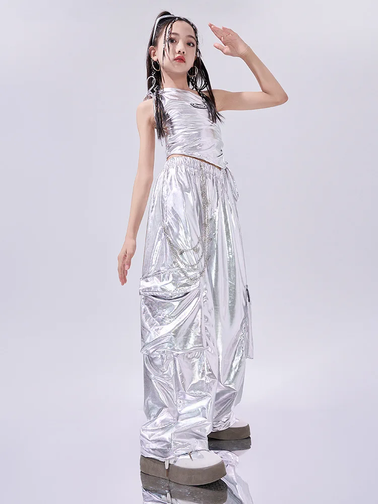 Girls Silver Sequins Hip Hop Costume Crop Top Sequin Vest Shiny Pants for Kids Jazz Clothes Street Dance Stage