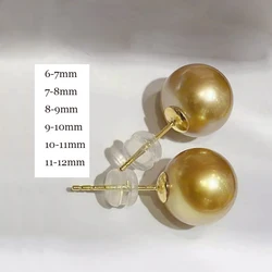 MeiBaPJ 6 Sizes 6-12mm Golden Natural Round Pearls Classic Beads Stud Earrings Fine Wedding Jewelry for Women