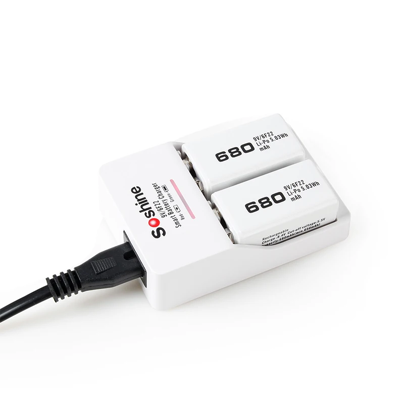 Soshine-cargador rápido de batería de 9V, 2 piezas, 680 mah, 9V, batería recargable de iones de litio