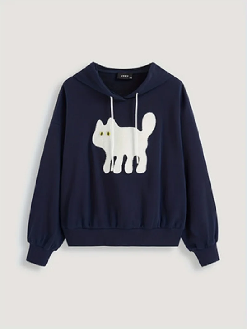 Women Casual Navy Hoodie Cartoon White Cat Print Long Sleeve Drawstring Pullover Sweatshirt Streetwear