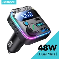 Transmisor FM para Auto JOYROOM 48W Bluetooth 5.3 con Micrófonos Duales, Cargador Rápido PD y QC 3.0, Adaptador para Auto, Puerto USB, Llamadas Manos Libres
