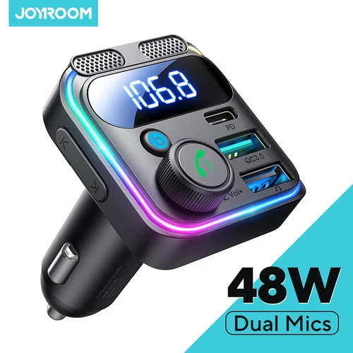 JOYROOM 48W Bluetooth 5,3 transmisor FM para coche micrófonos duales PD & QC 3,0 adaptador de cargador de carga rápida para coche disco U llamadas manos libres