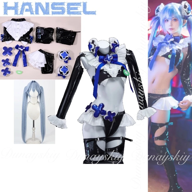 

Goddess of Victory: NIKKE Game Hansel Cosplay With Blue Long Double Ponytail Wig And The Black Clothes Cosplay Costume Full Suit
