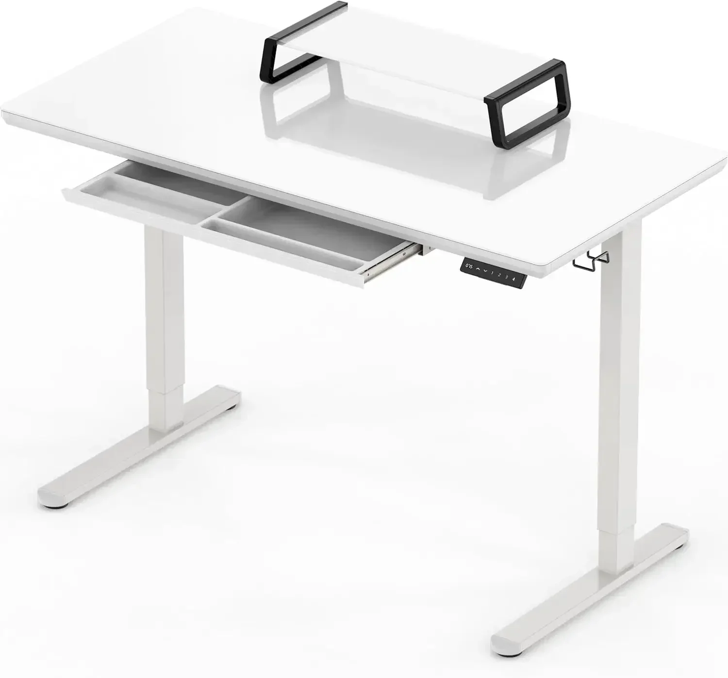 SHW-Adjustable Glass Desk with Monitor Riser and Drawer,  Height, 48