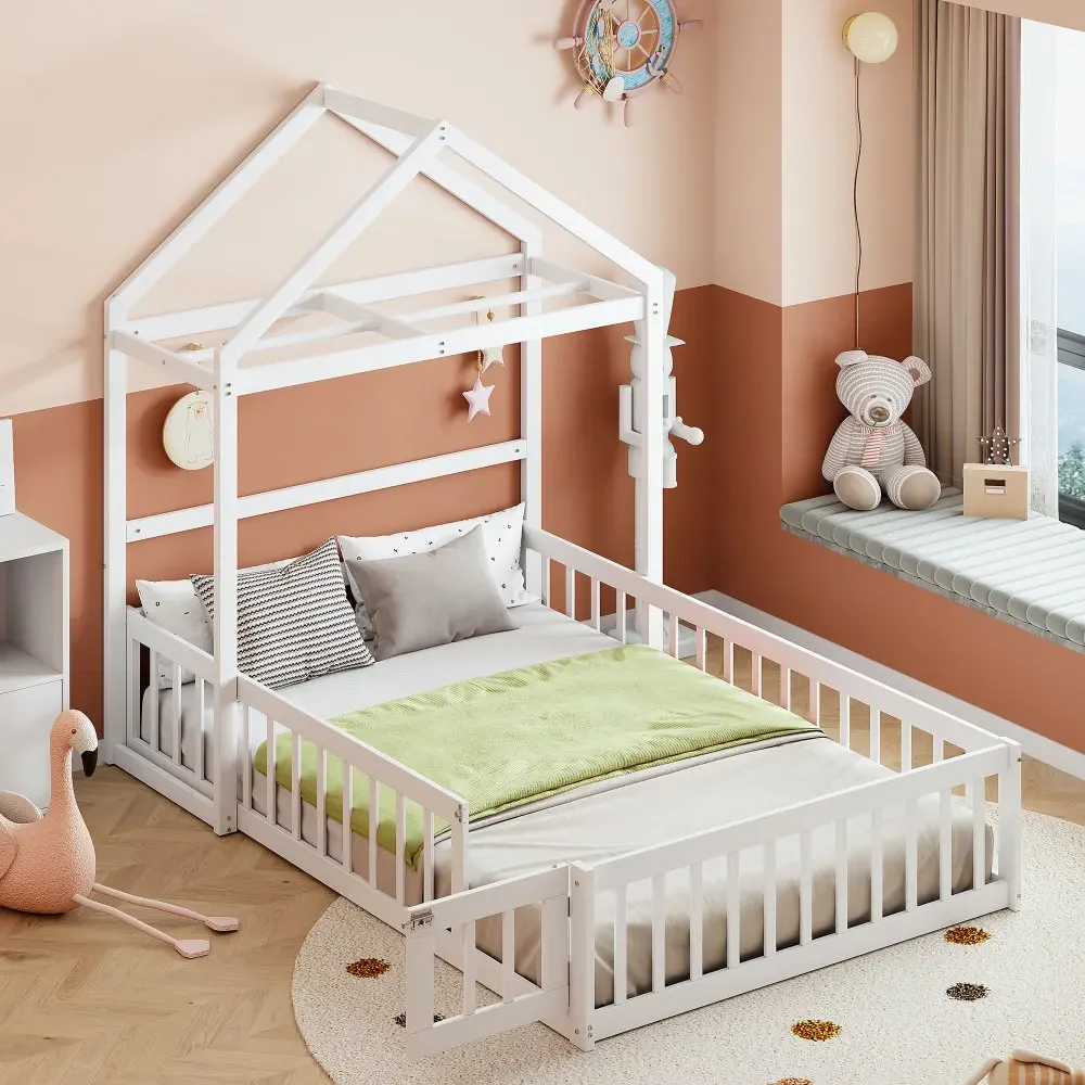 Wooden Floor Bed with Fence Railing and Detachable House Shaped Headboard, Montessori Style Children's Playroom Frame