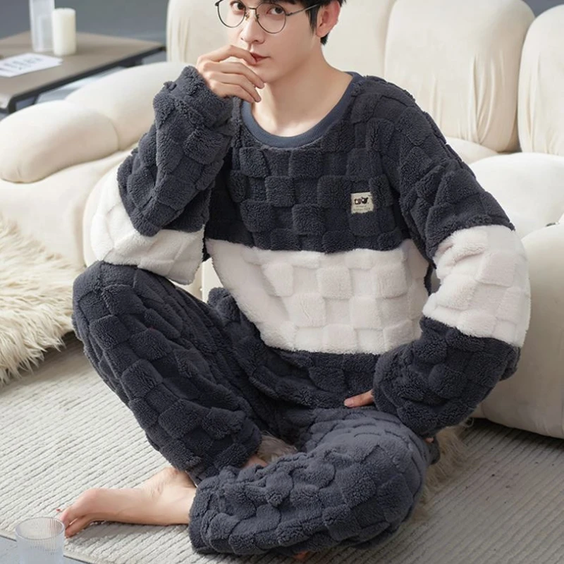

Мужская зимняя домашняя одежда, толстые теплые флисовые пижамные комплекты из 2 предметов для мужчин, мягкие плюшевые топы с круглым вырезом + длинные брюки, зимние пижамы