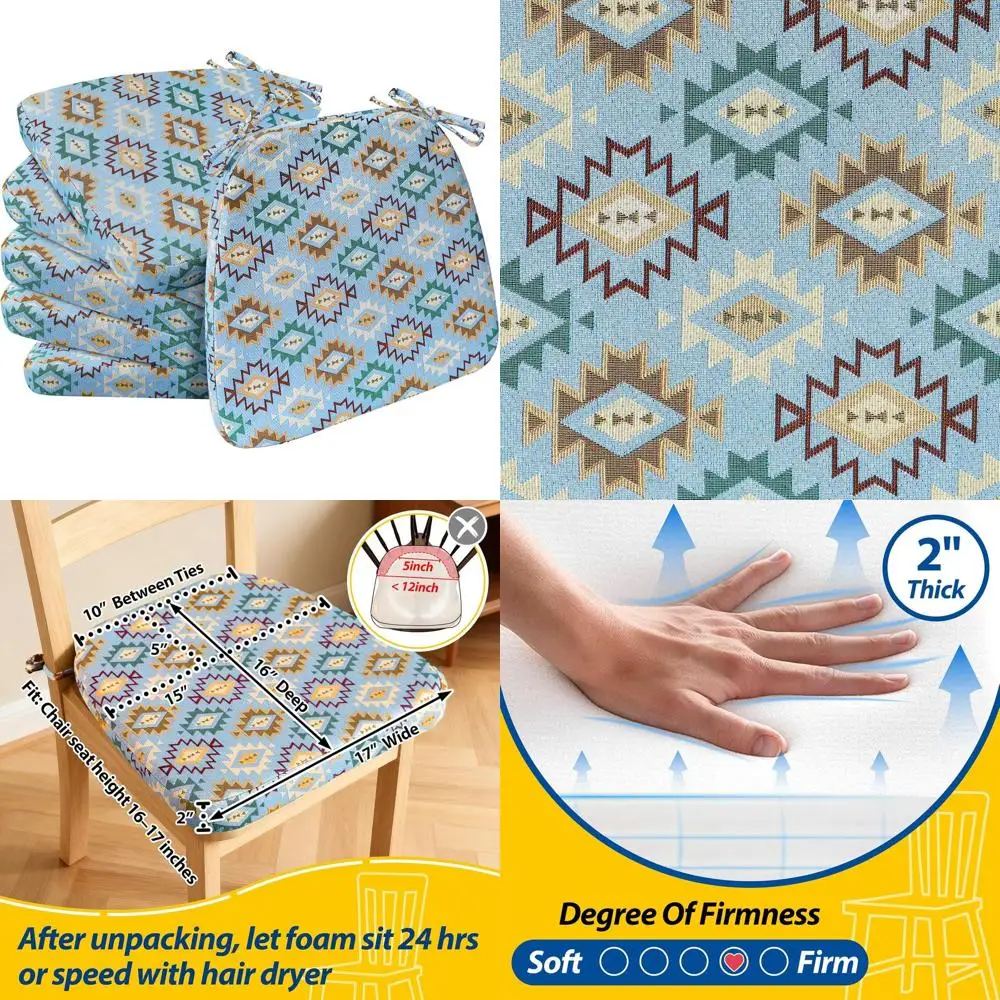 

Set of 6 Geometric Blue 2 Thick 17x16 Dining Chair Cushions with Ties and Washable Covers