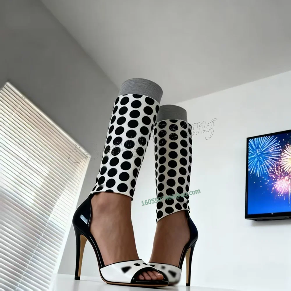 

Black White Round Pattern Boots Sandals Round Toe Heels Thin Cut Heels Shoes High Heel Shoes for Women 2025 Zapatos Para Mujere