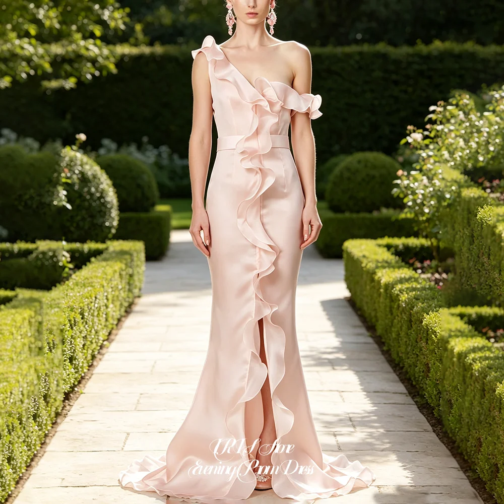 Romantic One‑Shoulder Evening Dresses for Women Ruffled Satin Mermaid Gown High Slit Floor Length For Garden Gala 2026