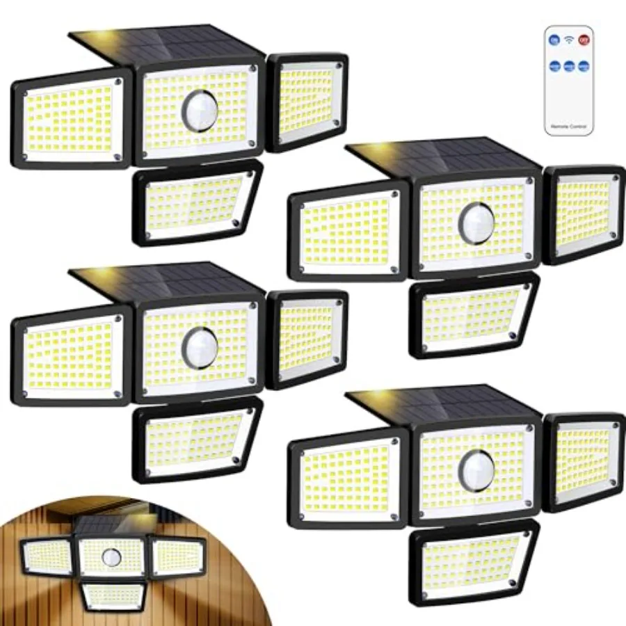 4 Heads Sensor Lamp Solar, Motion Sensor Outdoor Lights 3000LM, 283 LED, 6500 K, Motion Sensor, IP65 Waterproof, 270° Wide Angl