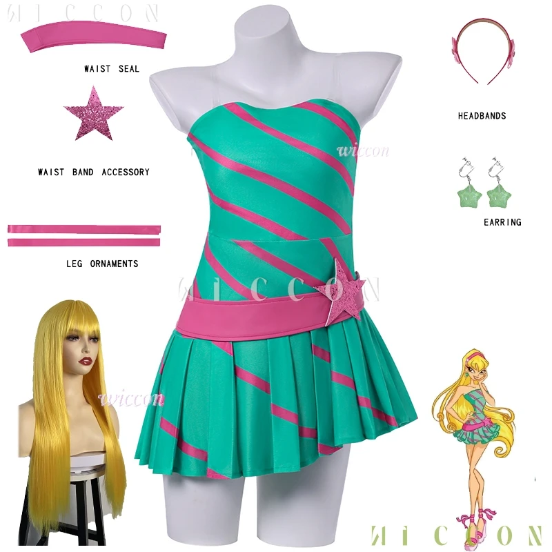 Stella princesa Cosplay vestido verde Cosplay diario Anime dibujos animados niñas juego de rol Halloween mujeres fiesta ropa Sexy peluca vestir
