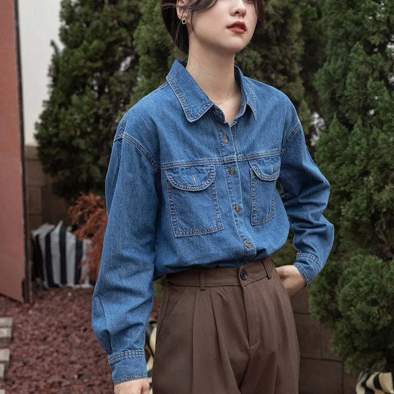 

Spring Autumn Simple Fashion England Style Button Loose Vintage Women Denim Long Sleeve Shirts Tops Z133