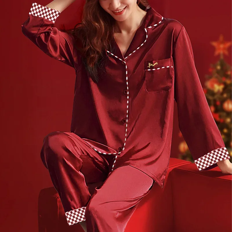 New Spring Autumn Winter Long Sleeve Simulated Silk Home Clothes High Grade Embroidery Red Pajama Sets Woman Nightwear