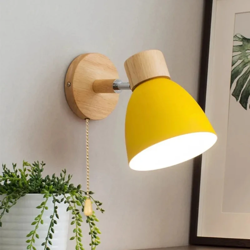 

Деревянный настенный светильник в стиле макарон с разноцветной подсветкой, поворотной головкой и выключателем, E27, прикроватный светильник для спальни, гостиной, домашнего освещения