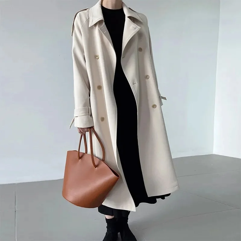 

Lapel Lace Up Trench Coat Women Long Sleeve Belted Loose Fit Outerwears 2025 New Autumn Street Travel Holiday Lady Tops