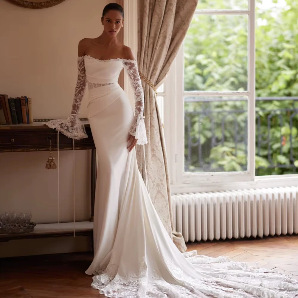 Vestido de Novia de Encaje con Hombros Descubiertos, Nuevo, Personalizado, Deslumbrante, con Cuentas, Estilo Sirena, Largo, Clásico