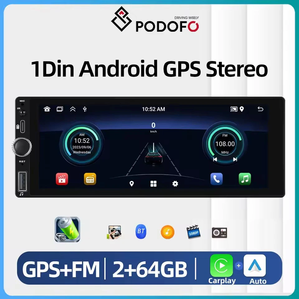 Podofo 1din Android MP5 Car Stereo Radio 6.86" Wireless Carplay Android auto Bluetooth FM Radio Receiver TF/USB 1din Multimedia