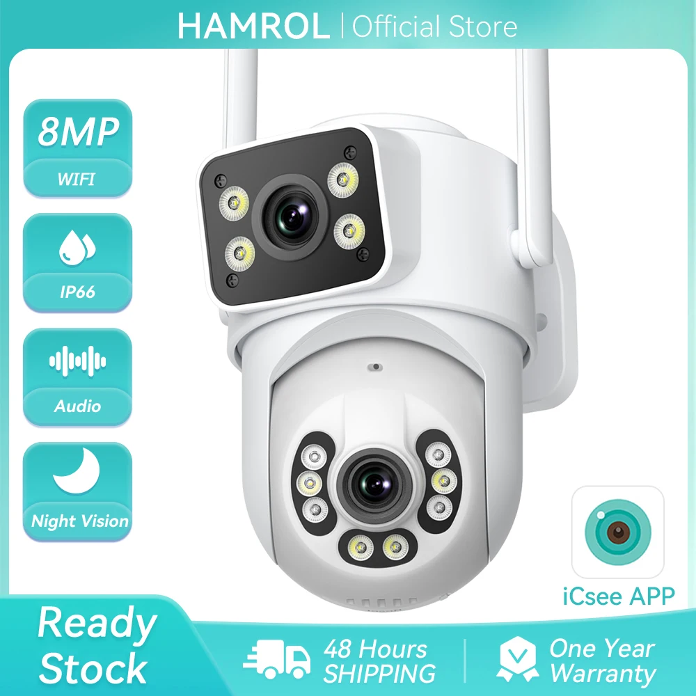 

4K 8MP Dual Screen PTZ WiFi Camera IP66 Waterproof Outdoor Wireless AI Human Detection Auto Tracking Home Surveillance Camera
