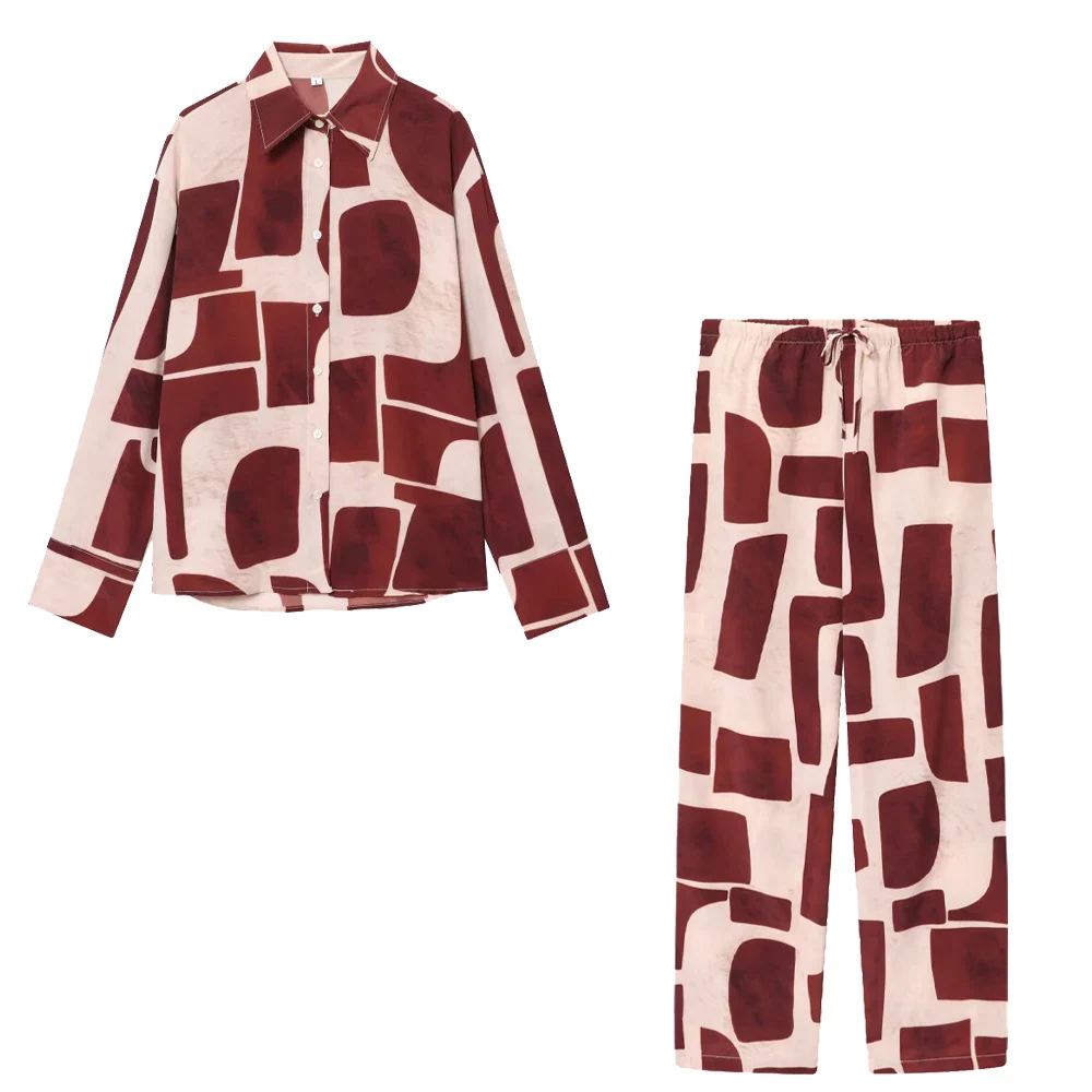 جديد الخريف والشتاء المرأة عارضة فضفاض طوق بأكمام طويلة واحدة الصدر نمط هندسي قميص واسعة الساق السراويل #1