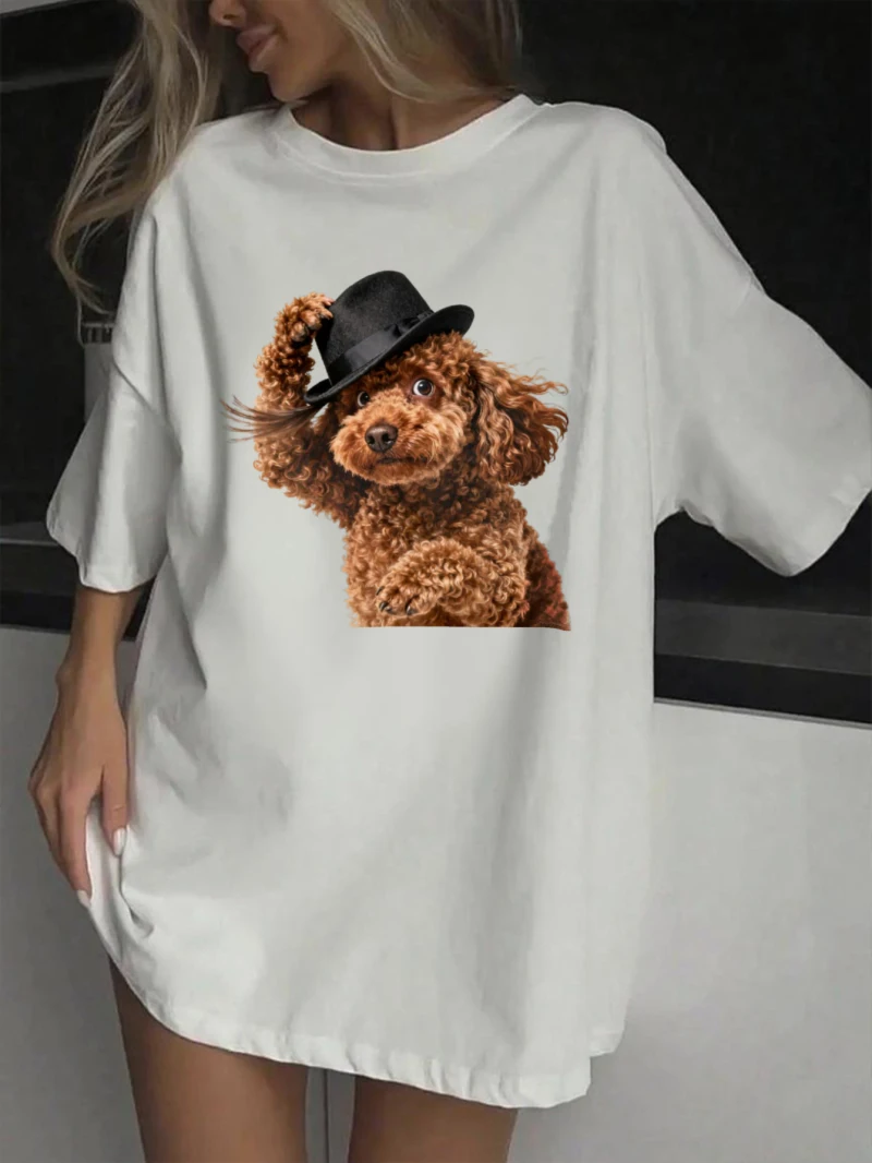 المرأة قصيرة الأكمام تي شيرت تيدي بير على شكل قبعة الحيوانات الأليفة مع طباعة جولة الرقبة فضفاضة تناسب زوجين نمط الصيف الملابس النسائية #1