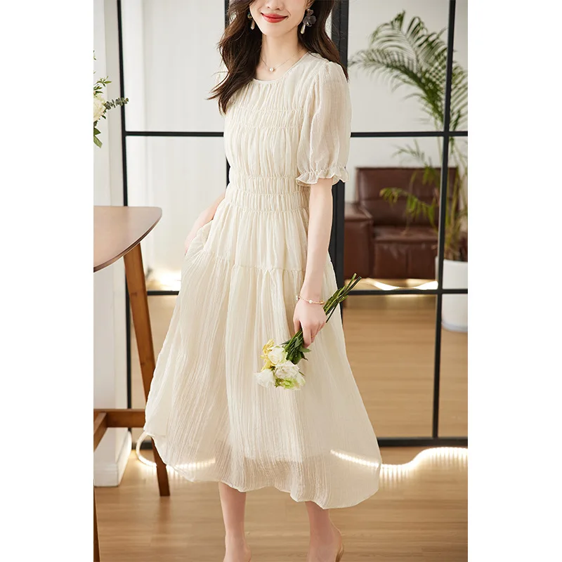 

2023 Summer French Vintage Women Elegant Party Dresses Ruffled Short Sleeve Fashion Female Midi Dress