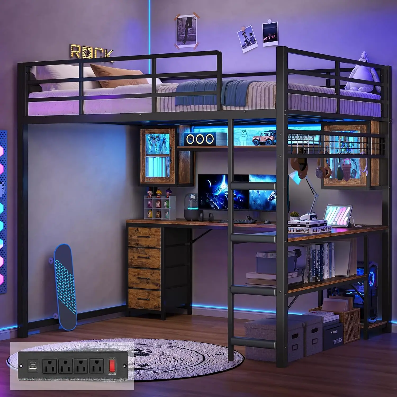 Gaming Loft Bed Full Size with Desk & Hutch, Black & Rustic Brown | 4 Storage Drawers, RGB Shelf, Safety Power, Customized