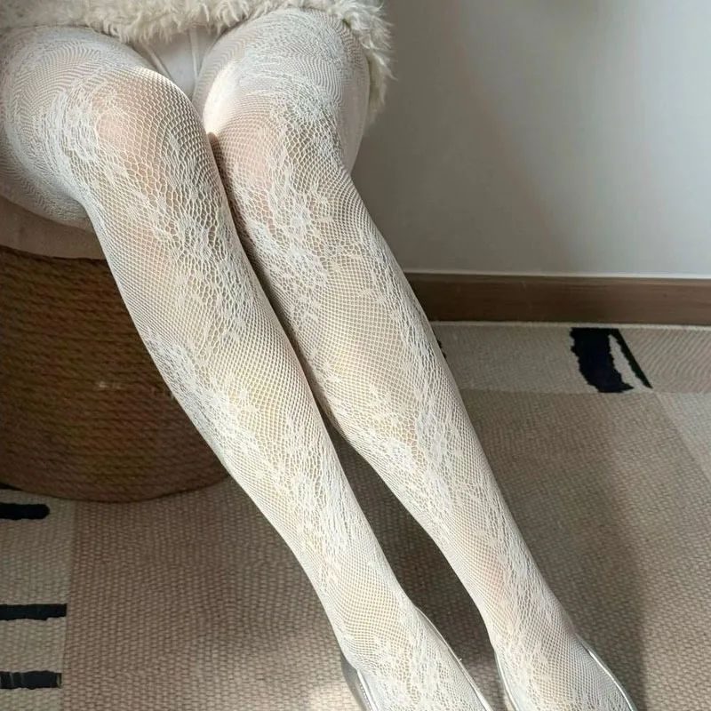 

Hollow Floral Pattern Women's Pantyhose Maillard Vintage Y2K Lolita Lace Fishnet Tights Anti Hook JK Mesh Leggings Stockings