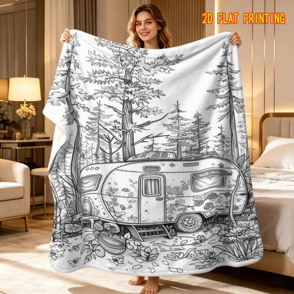 1pc 2D Flat Forest Camping Trailer Coloring Blanket, Hand-drawn Black Line Art with Camper, Flowers, Mushrooms and Trees