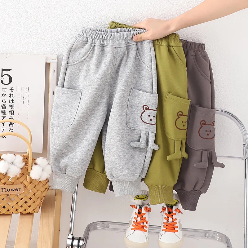 

Boys Big Pocket Sweatpants with Cartoon Bear Winter Fleece Lined Casual Sport Trousers Toddler Kids Pants