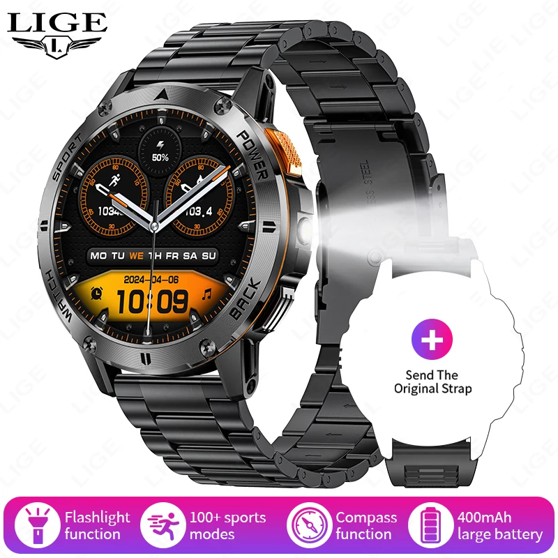 LIGE 2025 Outdoor GPS Sports Tracker Smart Watch Men Compass Bluetooth Call Waterproof Smartwatch LED Flashlight Ftiness Watches