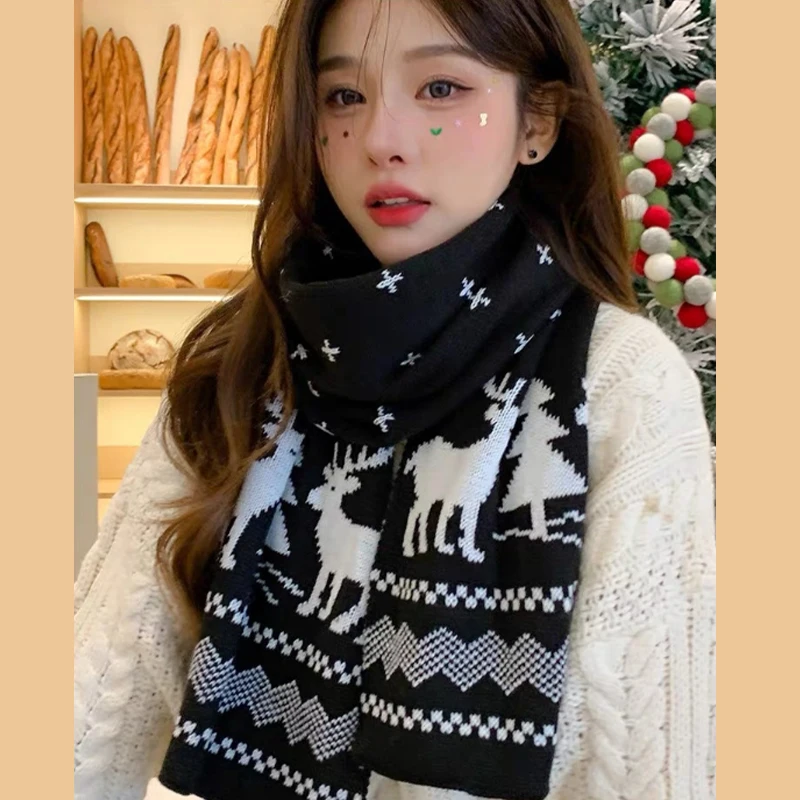 Winter Warm Scarf For Women Men Deer Elk Double-Sided Knitted Scarves Fashion Versatile Woolen Shawl Girls Christmas Present